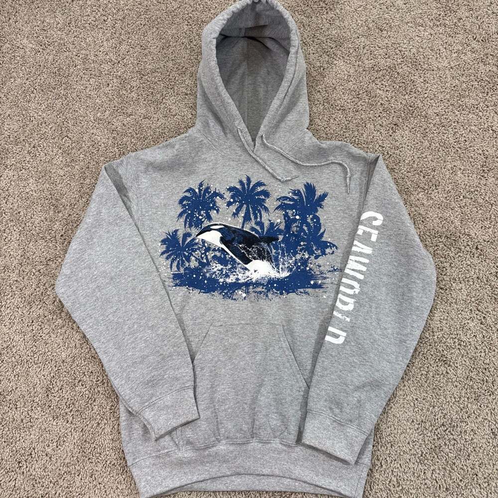 SeaWorld Gray Pullover Hoodie Orca Killer Whale Palm Trees Small EUC‎